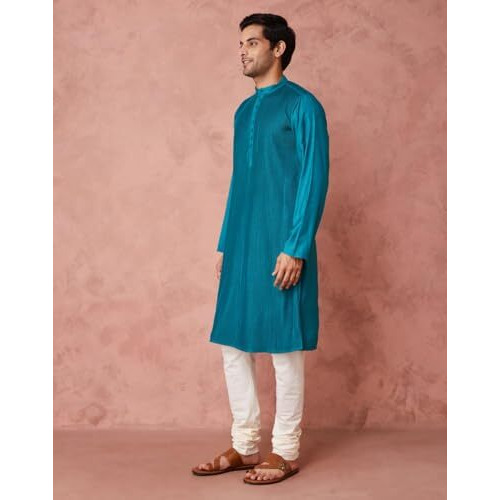 Fabindia Men's Viscose Silk Solid Slim Fit Kurta (1038439Teal_Teal