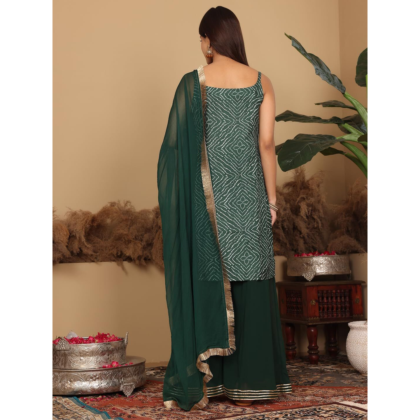 Varanga Women Green Bandhini Printed Kurta Paired With Sharara And Dupatta  Elegant Traditional Ensemble (Medium)