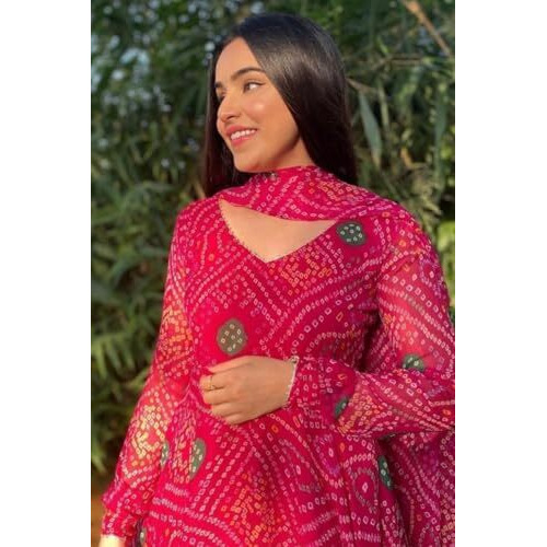 Flosive Women's Present Bandhani Print Kurta With Dupatta (In, Alpha, 2Xl, Regular, Rani Pink)