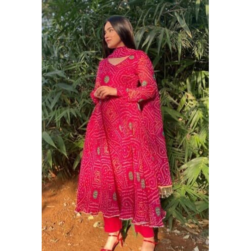 Flosive Women's Present Bandhani Print Kurta With Dupatta (In, Alpha, 2Xl, Regular, Rani Pink)