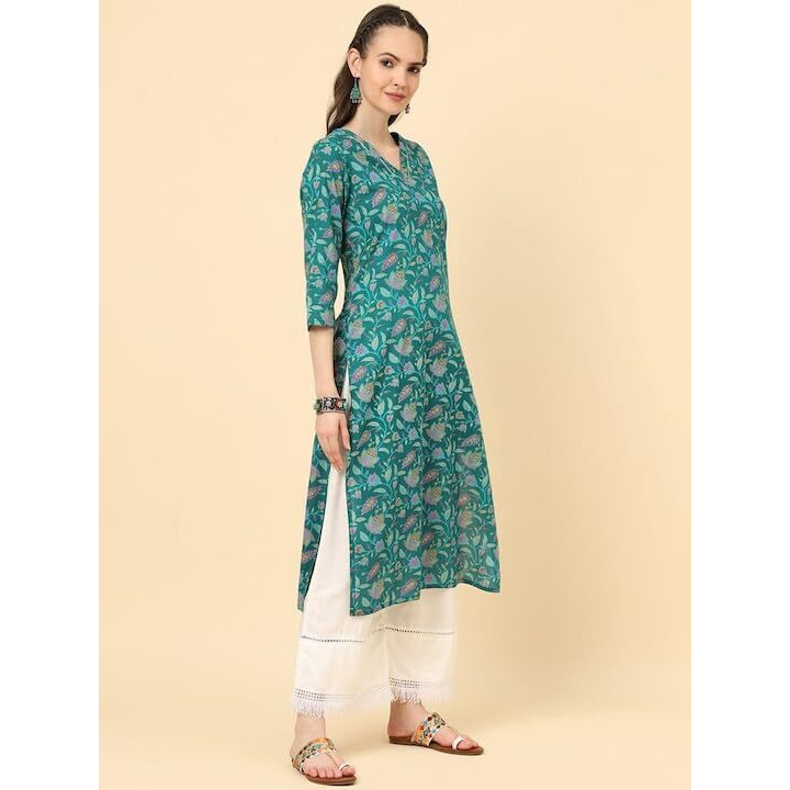 Varanga Women Turquoise Blue Floral Printed V-Neck Straight Kurta With Triangular Lace & Side Slits (Double Extra Large)