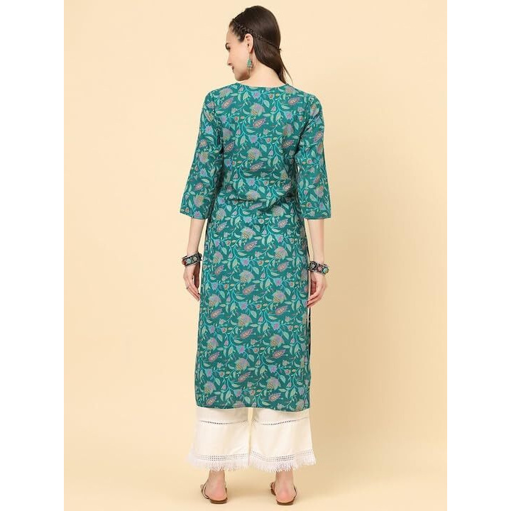 Varanga Women Turquoise Blue Floral Printed V-Neck Straight Kurta With Triangular Lace & Side Slits (Double Extra Large)