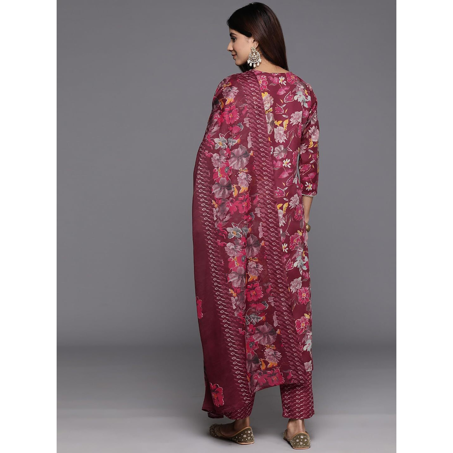 Varanga Women Maroon Floral Printed Embroidered Kurta Paired With Bottom And Dupatta