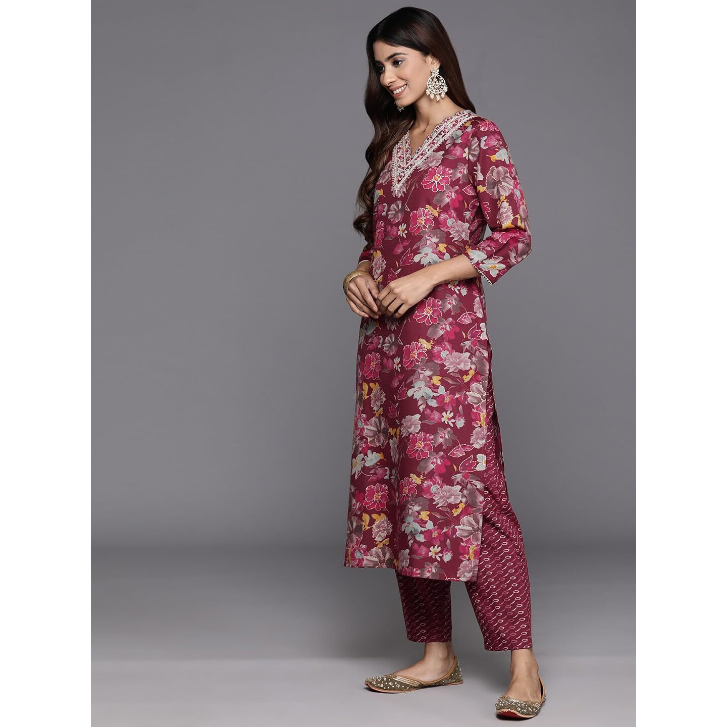 Varanga Women Maroon Floral Printed Embroidered Kurta Paired With Bottom And Dupatta
