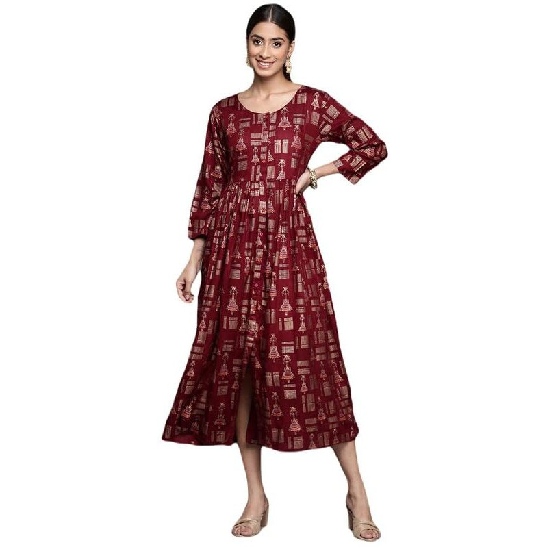 Varanga Women Maroon A-Line Dress With Round Neck