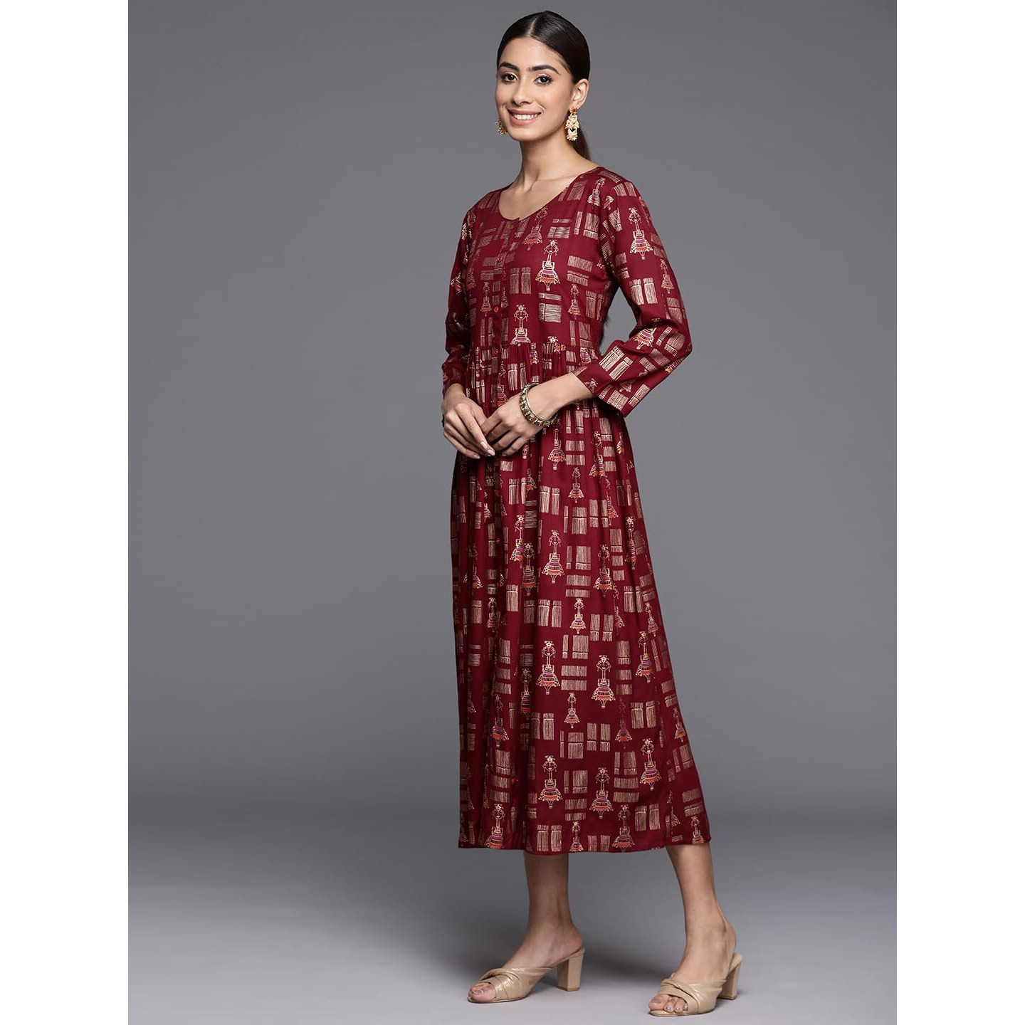Varanga Women Maroon A-Line Dress With Round Neck
