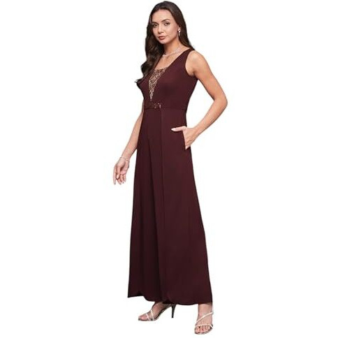 Miss Chase Women's Wine Square Neck Sleeveless Embellished Layered Regular-Length Polyester Jumpsuit (Mcss25D93-84-184-02, Wine, Xs)