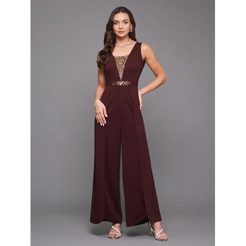 Miss Chase Women's Wine Square Neck Sleeveless Embellished Layered Regular-Length Polyester Jumpsuit (Mcss25D93-84-184-02, Wine, Xs)