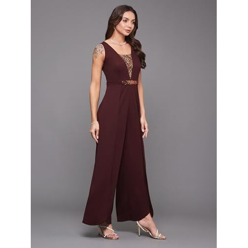 Miss Chase Women's Wine Square Neck Sleeveless Embellished Layered Regular-Length Polyester Jumpsuit (Mcss25D93-84-184-02, Wine, Xs)