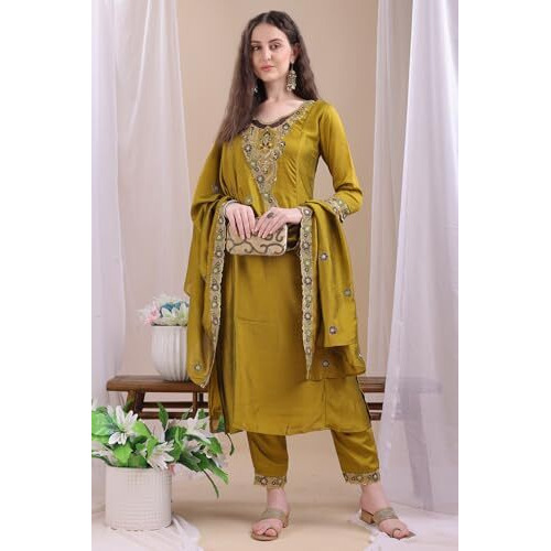 Pratham Blue Women's Rayon Embroidered Straight Kurta And Pant With Dupatta Set (Kurta Set For Women_Bkpa-1036-Xl_Yellow)