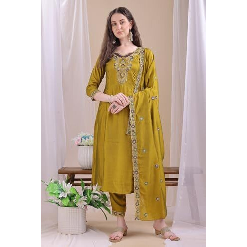 Pratham Blue Women's Rayon Embroidered Straight Kurta And Pant With Dupatta Set (Kurta Set For Women_Bkpa-1036-Xl_Yellow)