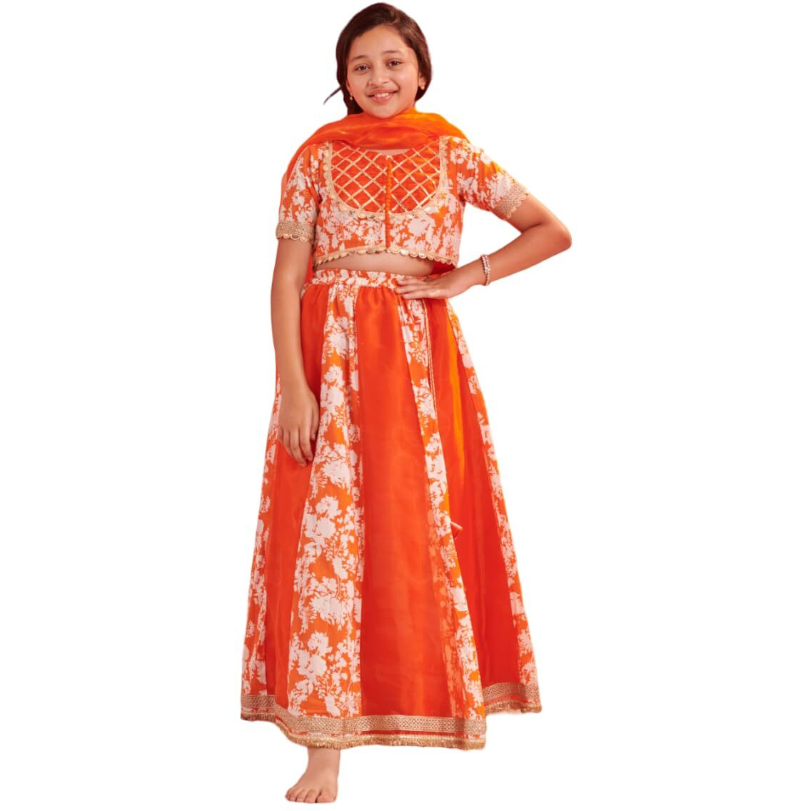 Pspeaches Girl's Silk Blend 1 Lehenga, 1 Choli, 1 Dupatta (L-Orangefloral-10- Orange_10-12Y)