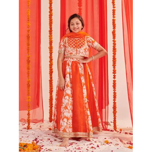 Pspeaches Girl's Silk Blend 1 Lehenga, 1 Choli, 1 Dupatta (L-Orangefloral-10- Orange_10-12Y)