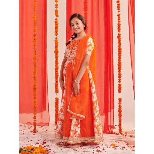Pspeaches Girl's Silk Blend 1 Lehenga, 1 Choli, 1 Dupatta (L-Orangefloral-10- Orange_10-12Y)