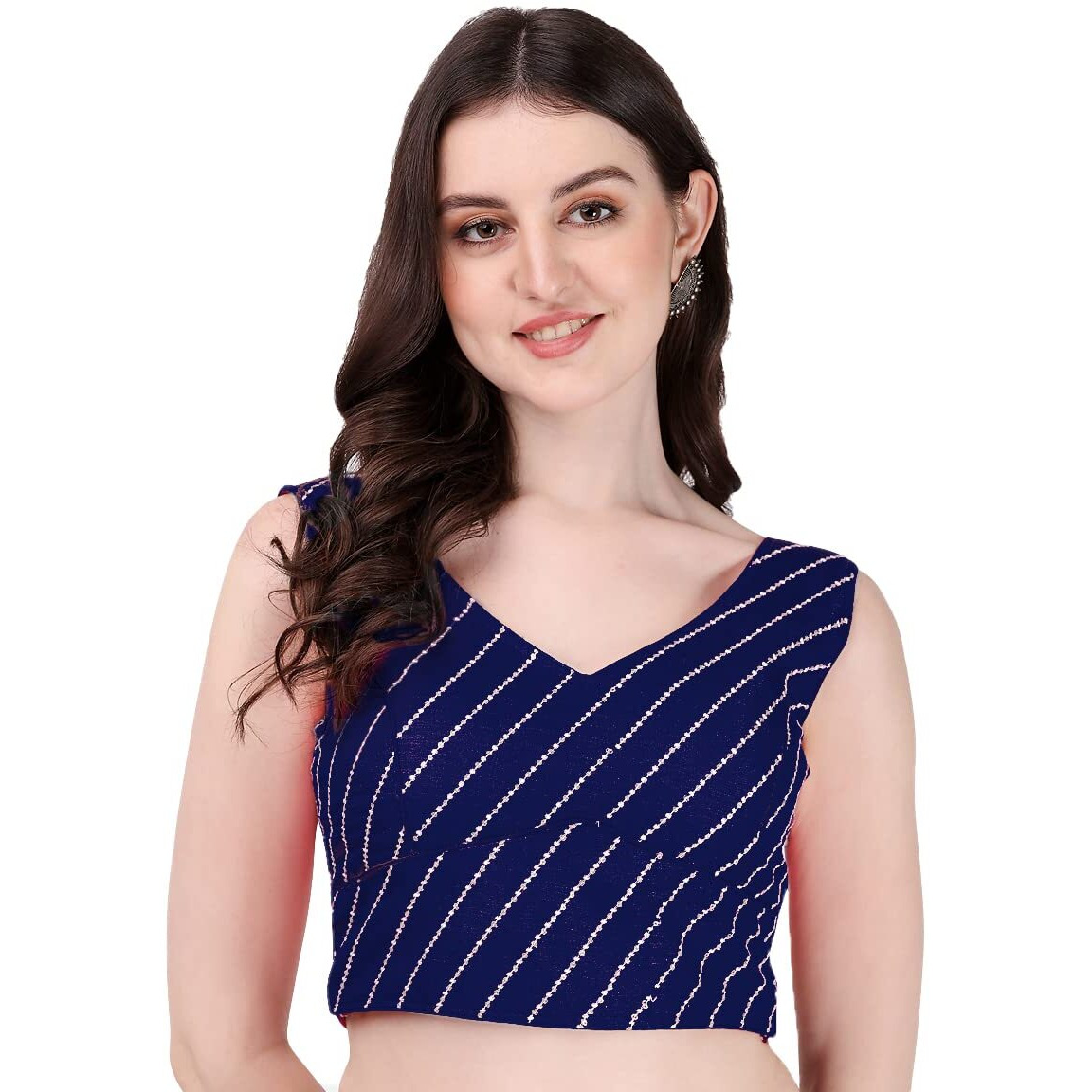 Pujia Mills Women's Phantom Silk Sequins Work Sleeveless Saree Readymade Blouse (Leheriya Blouse_Navy Blue_38 Size)