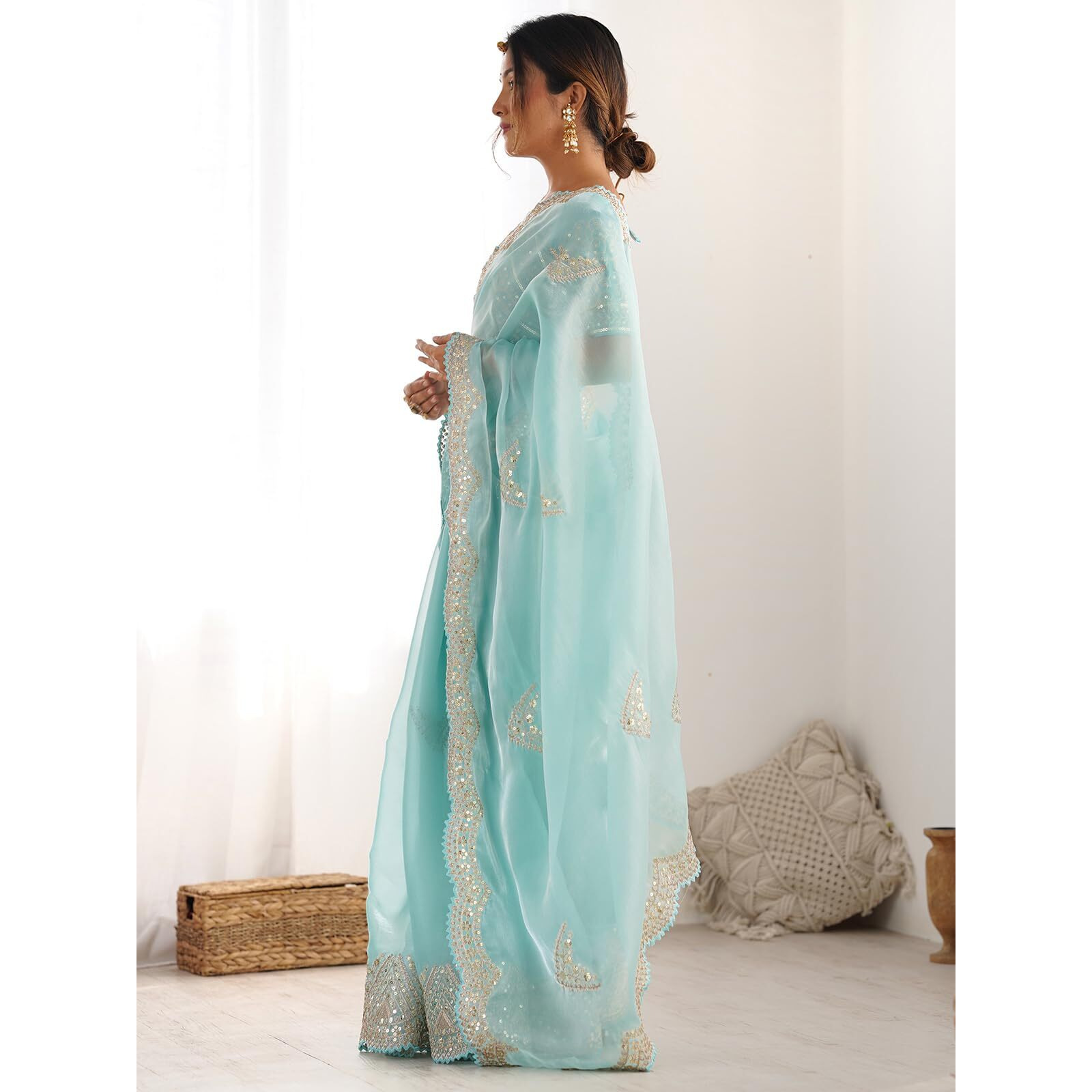 Satrani Women's Tissue Silk Dyed Sequin Embroidery & Scollped Border Festive Saree With Unstitched Blouse Piece (4218S6636Na_Sky Blue)