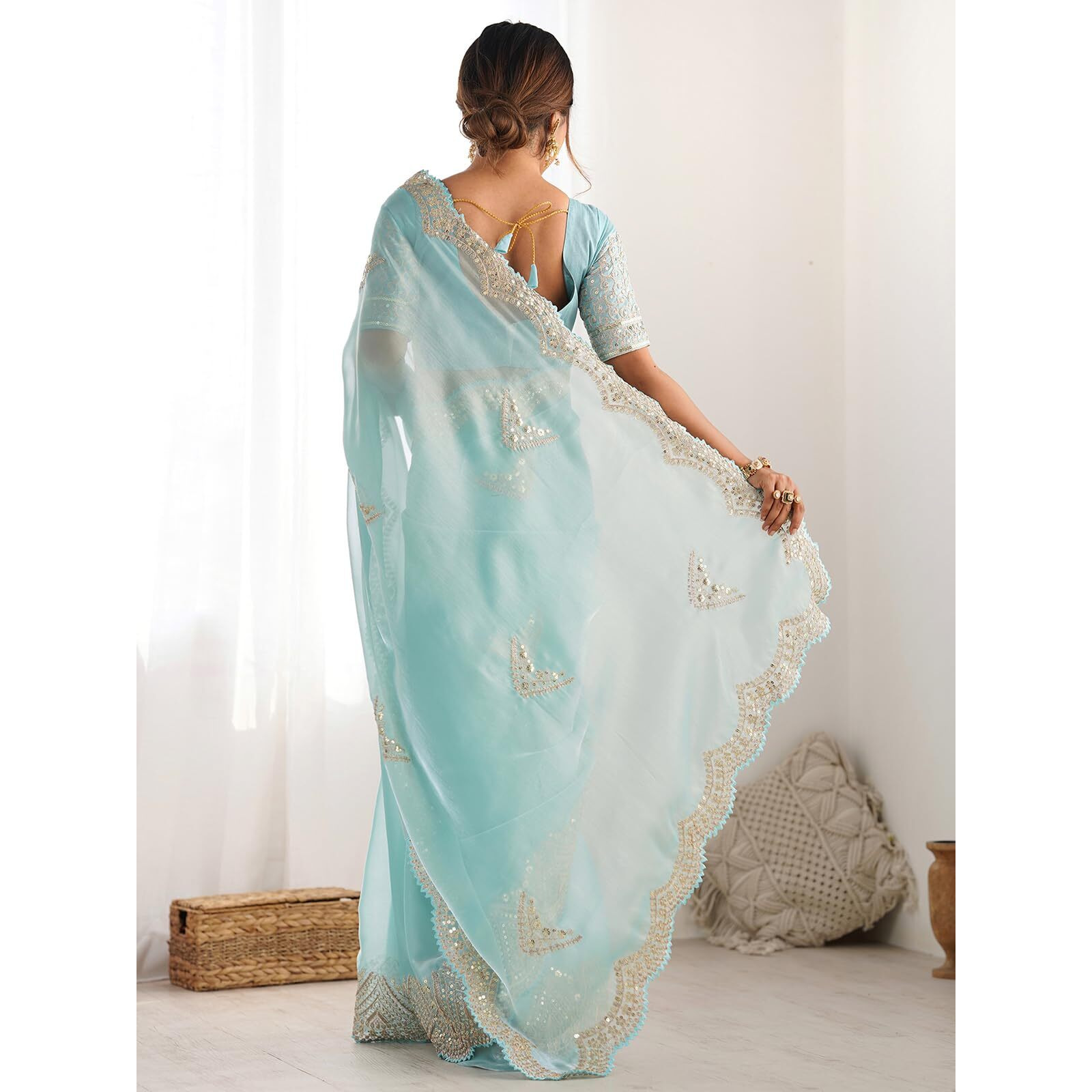 Satrani Women's Tissue Silk Dyed Sequin Embroidery & Scollped Border Festive Saree With Unstitched Blouse Piece (4218S6636Na_Sky Blue)
