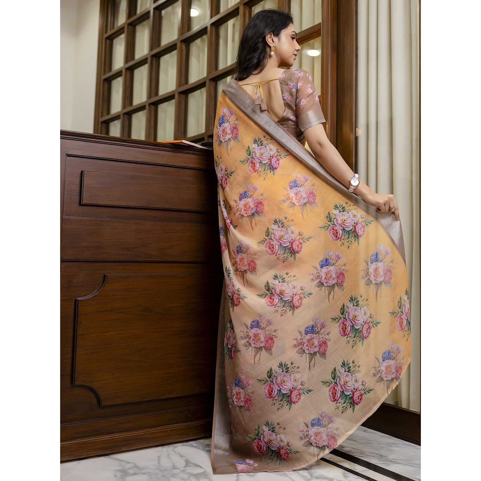 Satrani Women's Linen Floral Printed & Zari Border Ready To Wear Saree With Unstitched Blouse Piece (53Rs115_Beige & Light Orange)