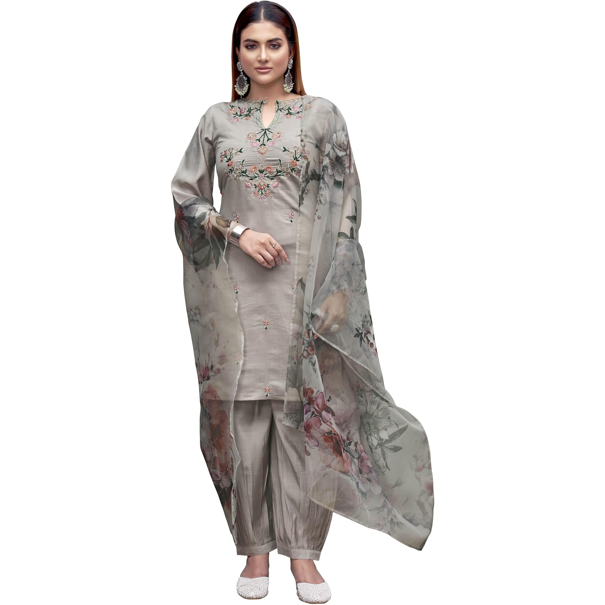 Womanista Women's Silk Blend Solid Straight Embroidered Kurta Set (Kurtaset_1374_Silver