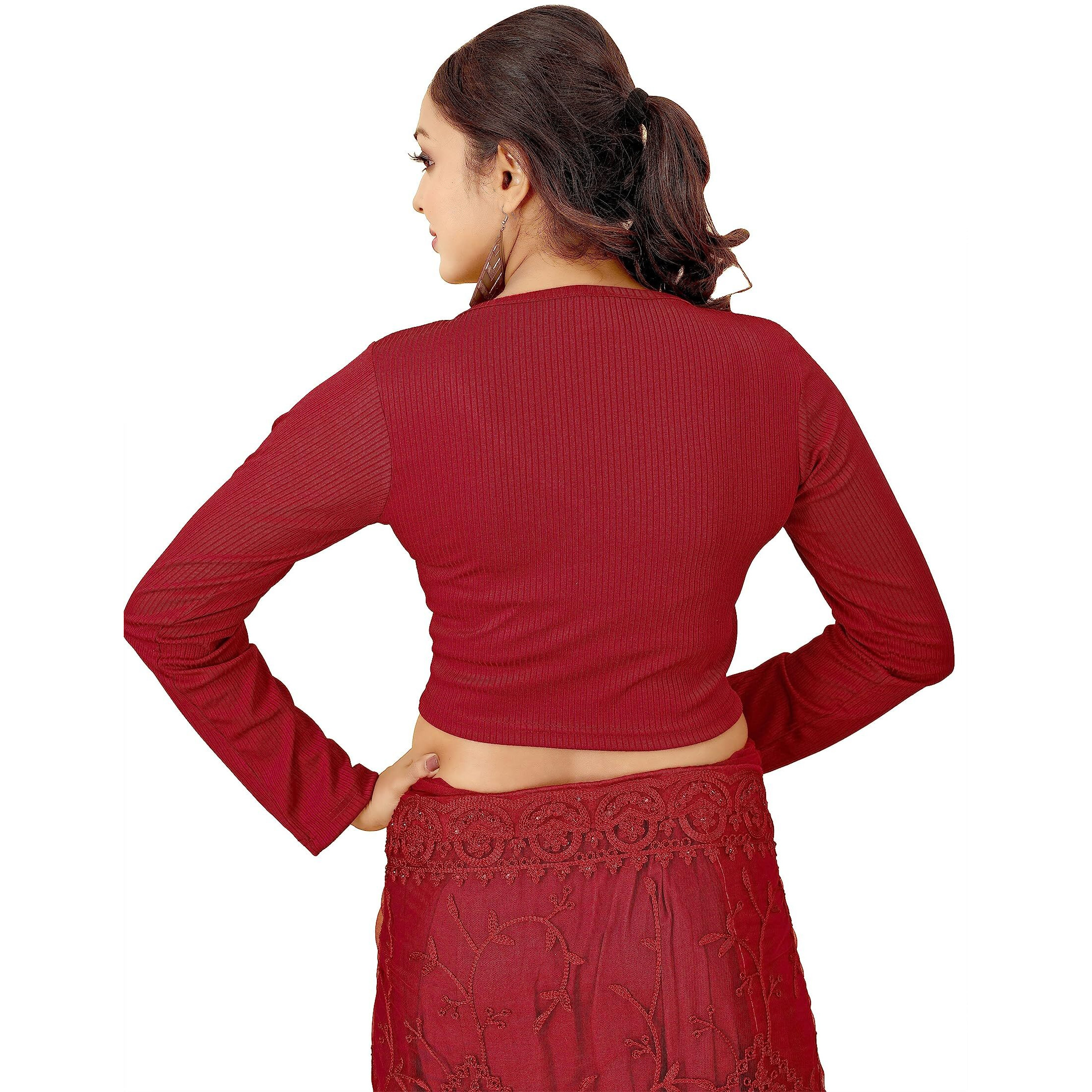 Shasmi Women's & Girls' Solid Ribbed V Neck Collarless Full Sleeve Slim Fit Simplicity Blouse For Women (Blouse 54 Maroon Xs)