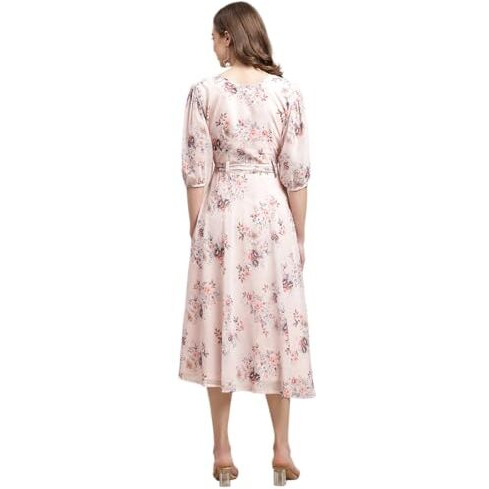 Preneum Women's Maxi Fit & Flare Latest Style Print Georgette Regular Sleeves Casual Summer Maxi | Festival & Occasion, Baby Pink, L