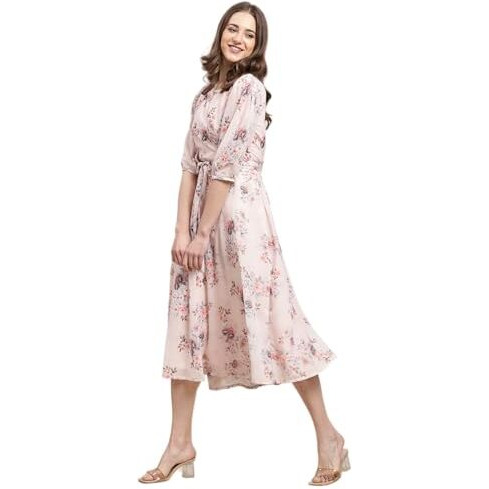 Preneum Women's Maxi Fit & Flare Latest Style Print Georgette Regular Sleeves Casual Summer Maxi | Festival & Occasion, Baby Pink, L