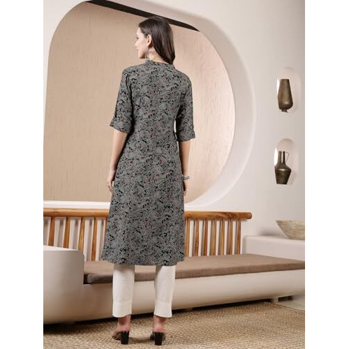 Stylum Women's Black Paisley Printed Rayon A-Line Kurta (Blackbarfi40_Black, L)