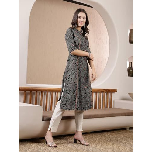 Stylum Women's Black Paisley Printed Rayon A-Line Kurta (Blackbarfi40_Black, L)
