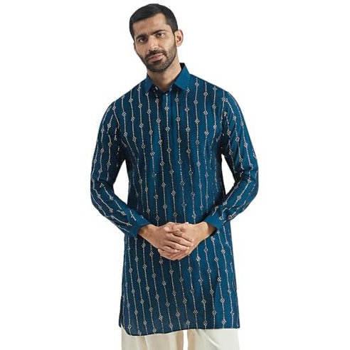 Vastramay Men's Turquoise Silk Blend Kurta, Silk Blend Foil Printed Kurta Men For Weddings & Festivals, Traditional Indian Wear