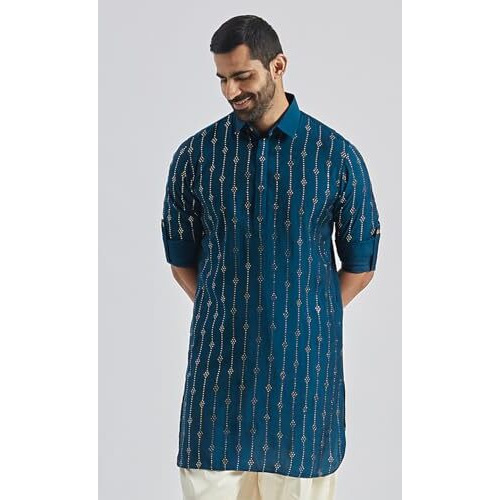 Vastramay Men's Turquoise Silk Blend Kurta, Silk Blend Foil Printed Kurta Men For Weddings & Festivals, Traditional Indian Wear
