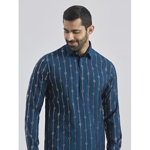 Vastramay Men's Turquoise Silk Blend Kurta, Silk Blend Foil Printed Kurta Men For Weddings & Festivals, Traditional Indian Wear
