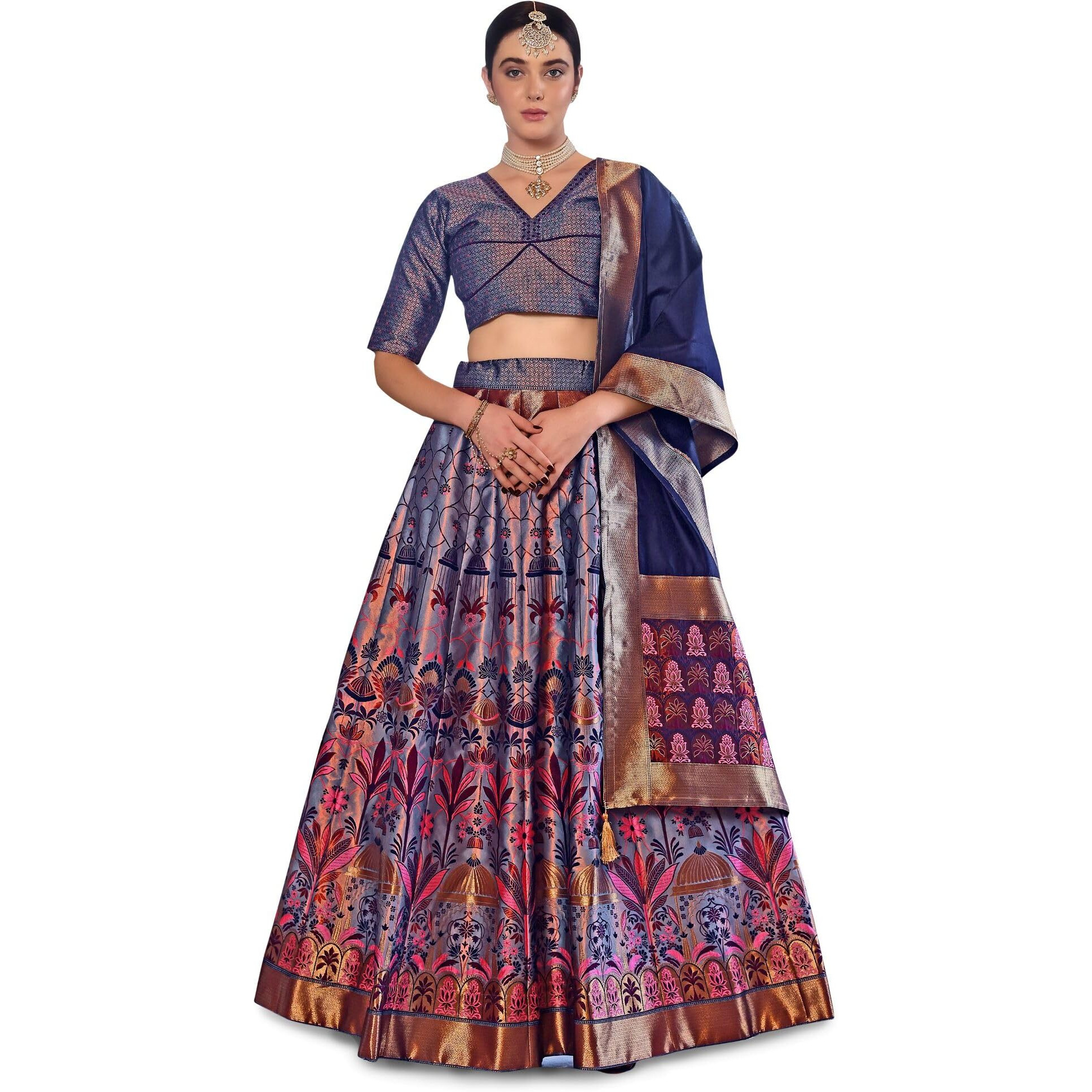 Purvaja Women Faux Silk Semi-Stitched Lehenga Choli Set (Omera-Navy-Blue Free Size)