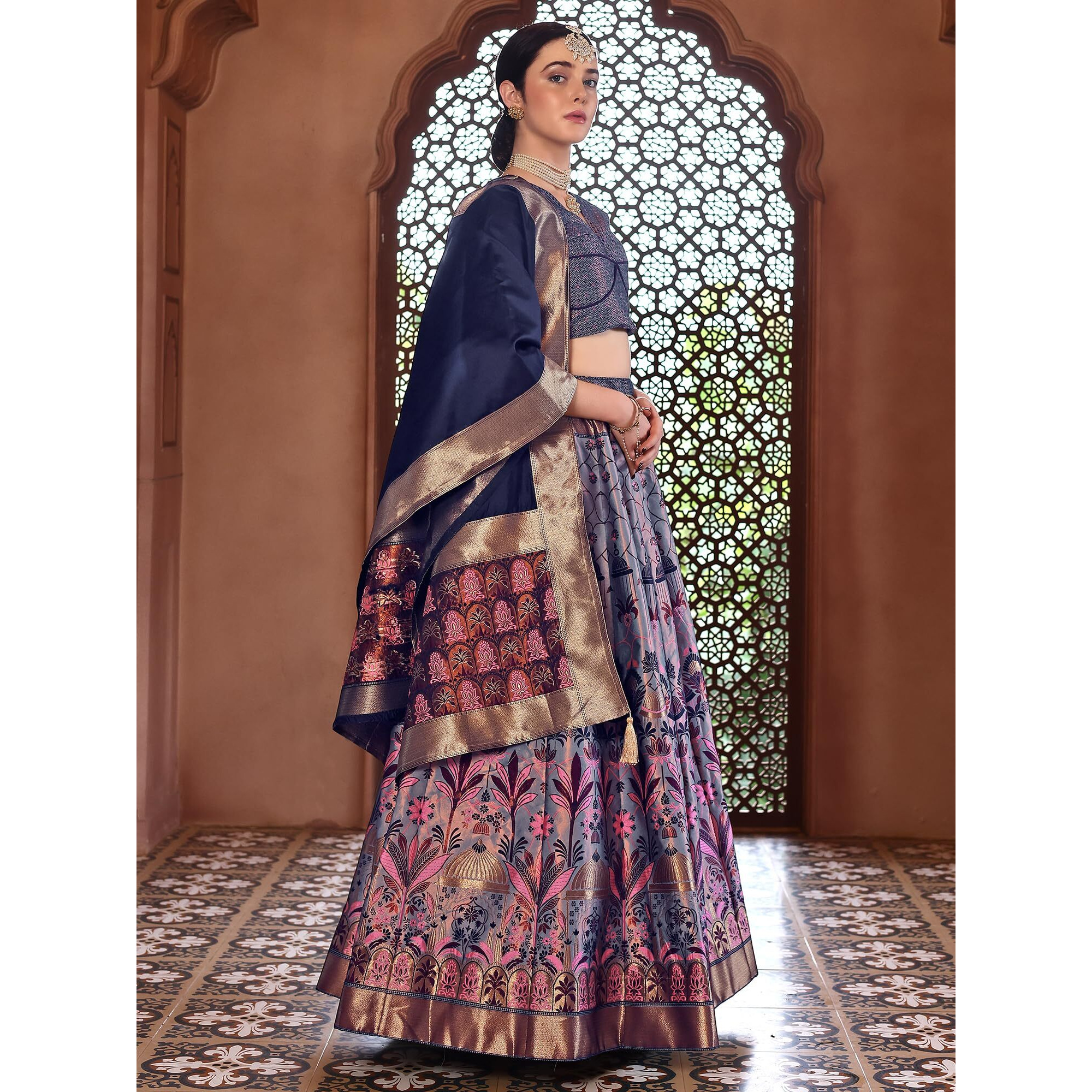 Purvaja Women Faux Silk Semi-Stitched Lehenga Choli Set (Omera-Navy-Blue Free Size)