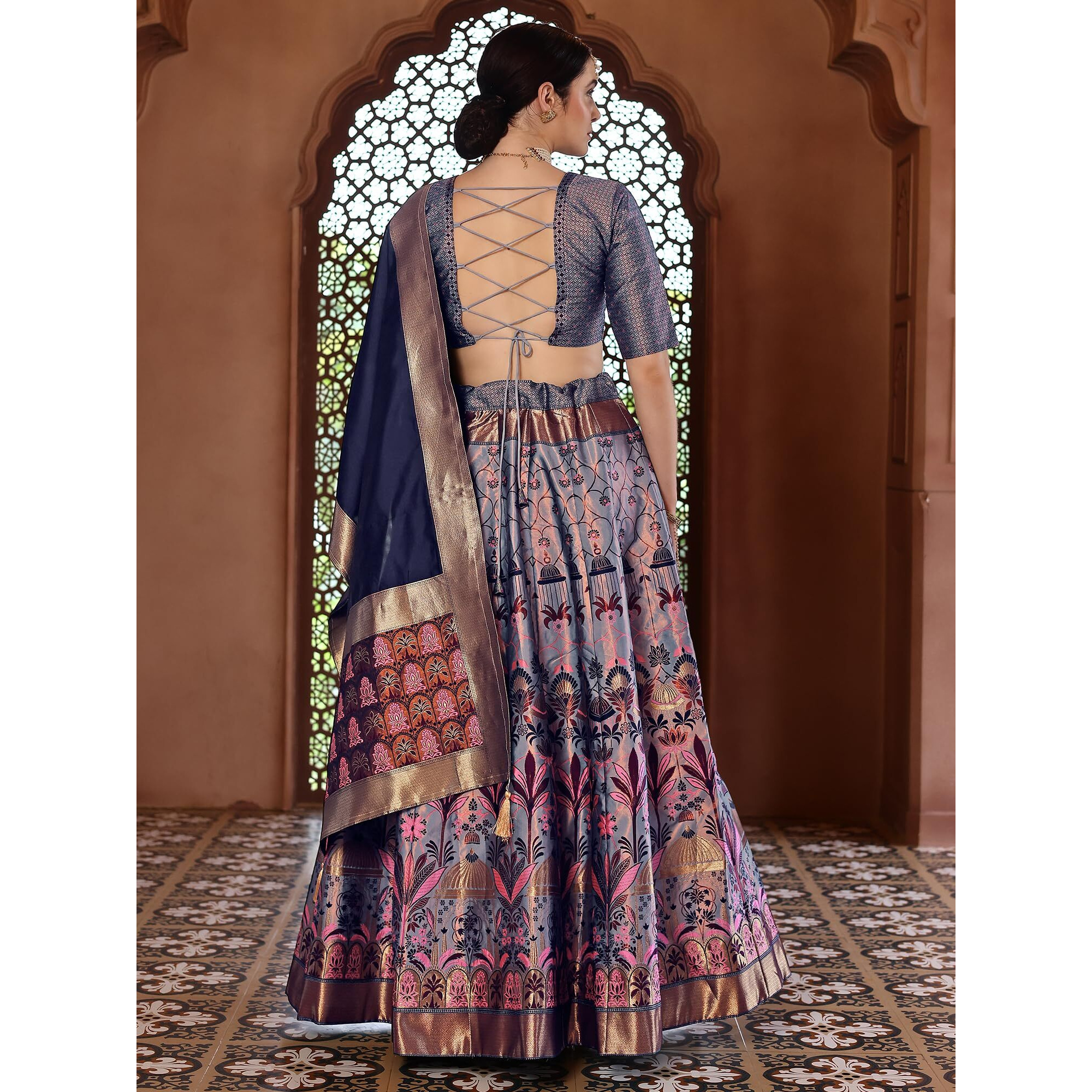 Purvaja Women Faux Silk Semi-Stitched Lehenga Choli Set (Omera-Navy-Blue Free Size)