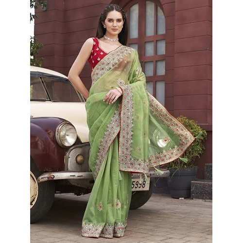 Womanista Women's Green Colored Shimmer Net Embroidered Saree (Ti7004_Green_Onesize)