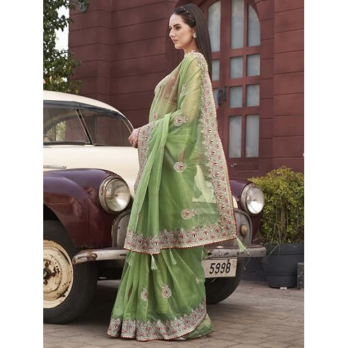 Womanista Women's Green Colored Shimmer Net Embroidered Saree (Ti7004_Green_Onesize)