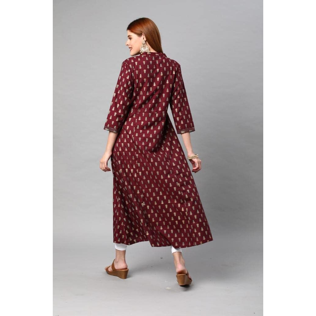 Anni Designer Women's Cotton Blend Traditional Printed Anarkali Kurta (Relian Multi-Maroon_S_Maroon_Small)