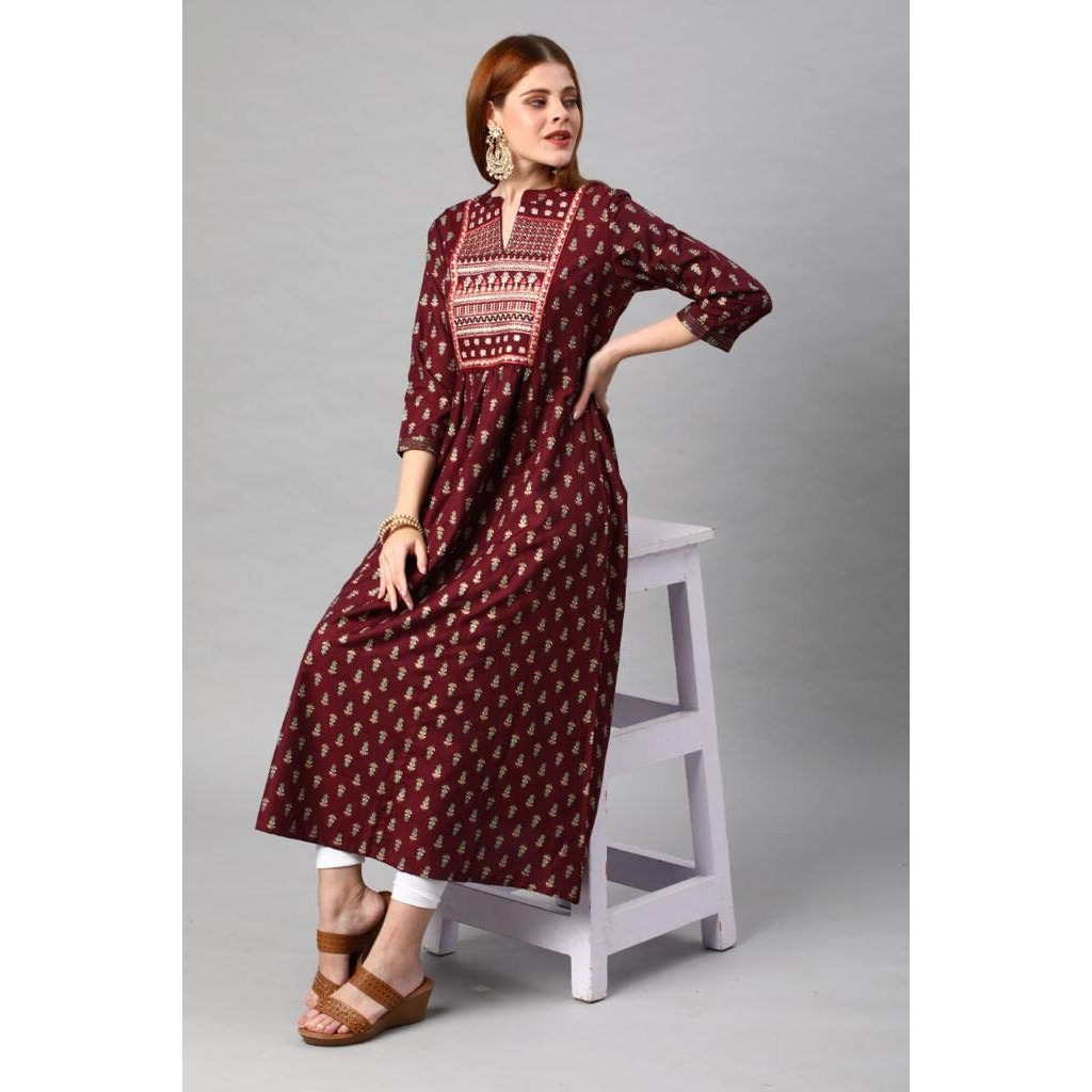 Anni Designer Women's Cotton Blend Traditional Printed Anarkali Kurta (Relian Multi-Maroon_S_Maroon_Small)