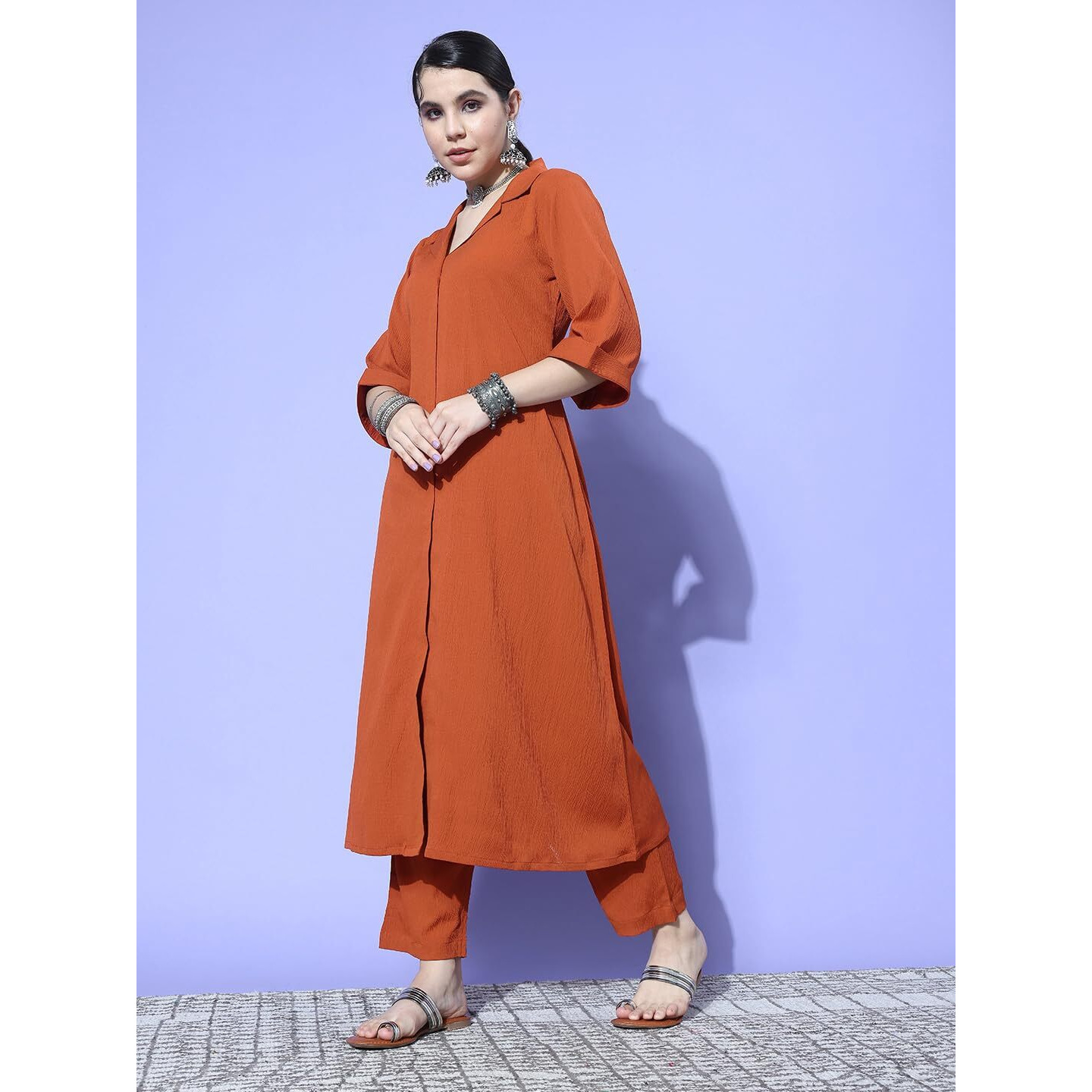 Varanga Women Rust Shirt Collar Neck A-Line Kurta Paired With Tonal Bottom