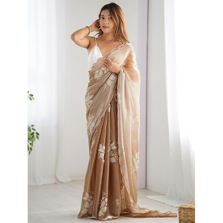 Flosive Women's Shimmer Organza Sequence Embroidery Saree With Unstitched Blouse Piece (Cream)
