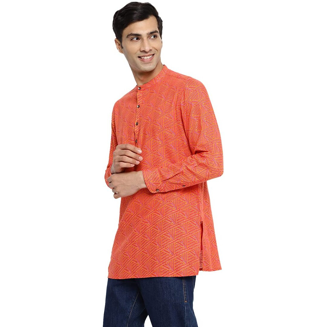 Fabindia Men's Cotton Printed Slim Kurta (103012701_Red