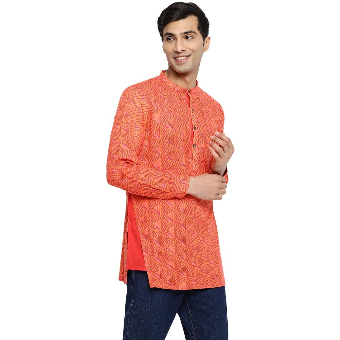 Fabindia Men's Cotton Printed Slim Kurta (103012701_Red