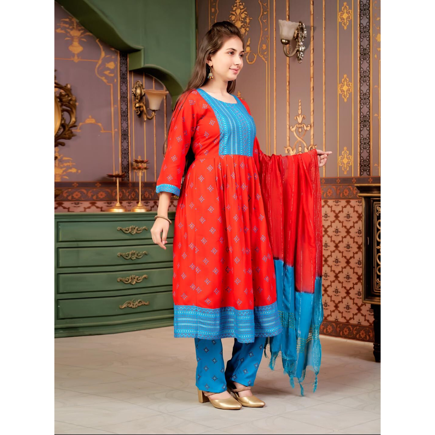 Aarika Girls Ethnic Wear Red-Firozi Colour Foil Print Rayon Kurti-8-15 Years (Kurti-Ap-801)