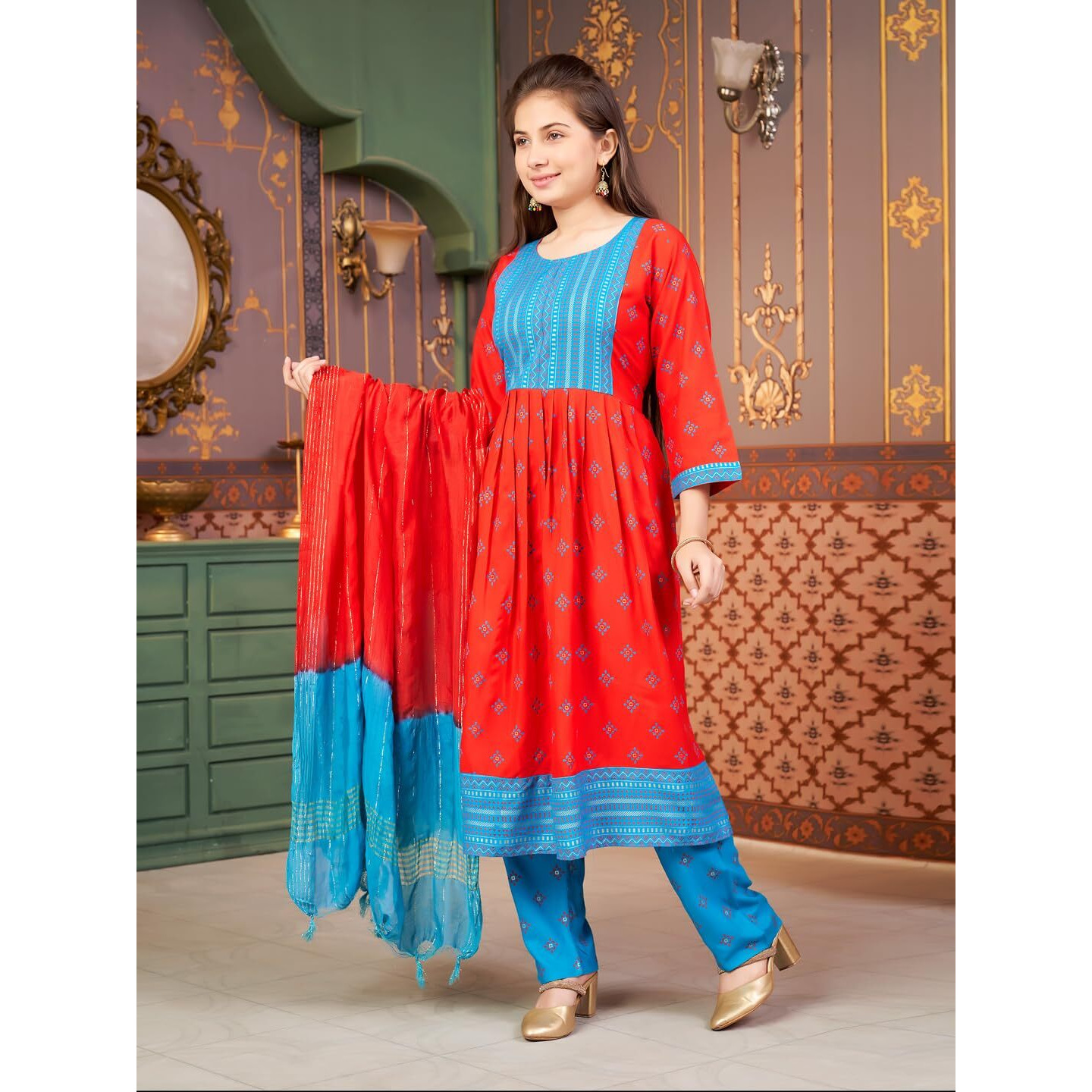 Aarika Girls Ethnic Wear Red-Firozi Colour Foil Print Rayon Kurti-8-15 Years (Kurti-Ap-801)