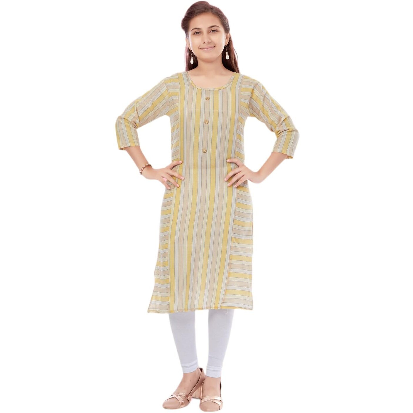Aarika Girls Yellow-White Colour Cotton Striped Kurti Legging Set (Kl-K-11-Yellow-White-34)