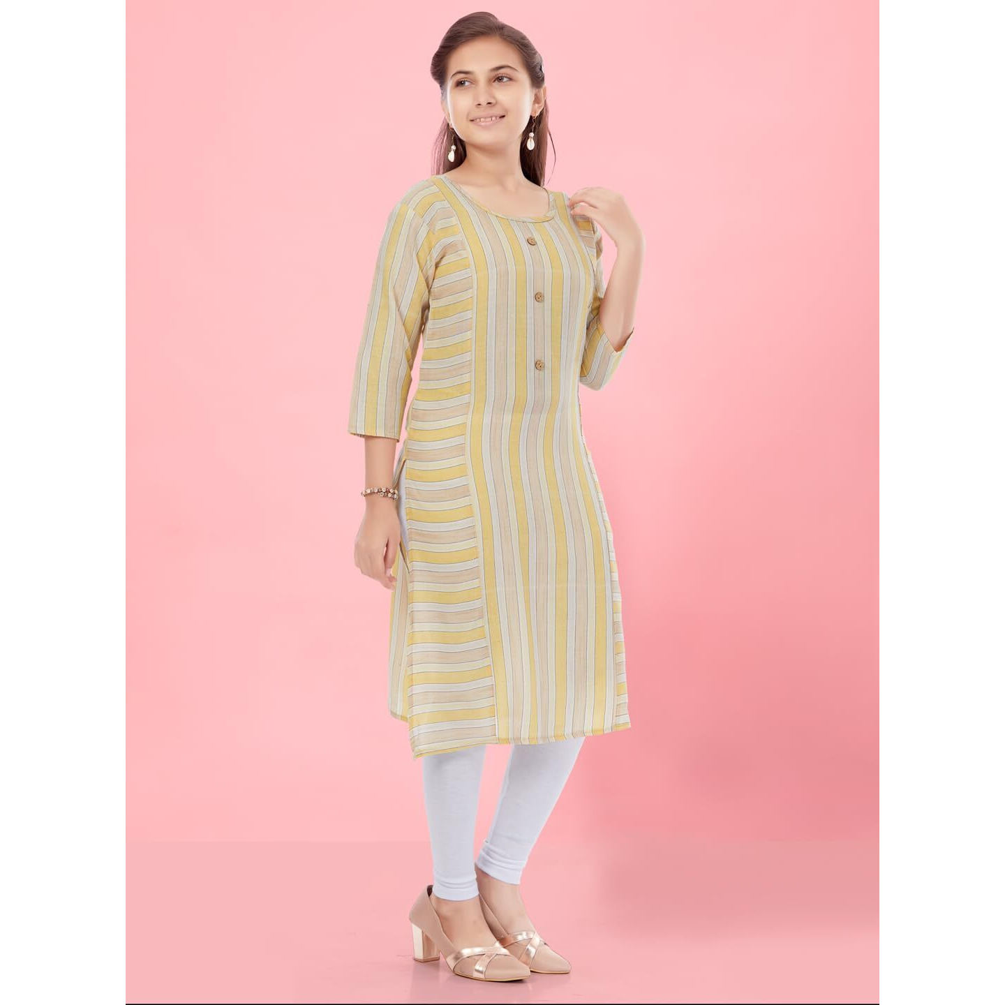 Aarika Girls Yellow-White Colour Cotton Striped Kurti Legging Set (Kl-K-11-Yellow-White-34)