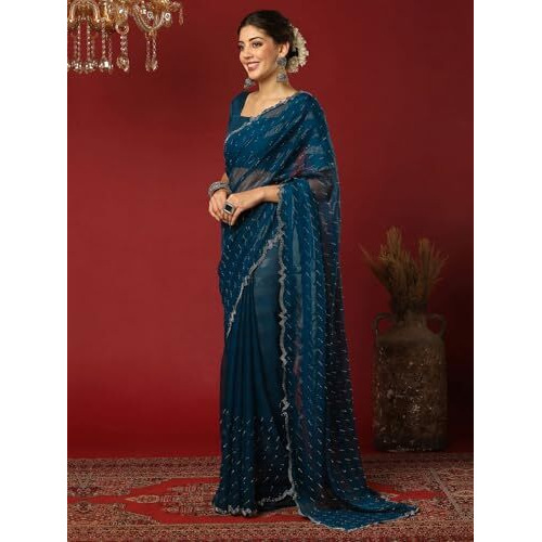Satrani Women's Shimmer Georgette Stone Work Scalloped Border Jimmy Choo Saree With Unstitched Blouse Piece (4395S3129N_Rama Blue)