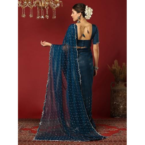 Satrani Women's Shimmer Georgette Stone Work Scalloped Border Jimmy Choo Saree With Unstitched Blouse Piece (4395S3129N_Rama Blue)