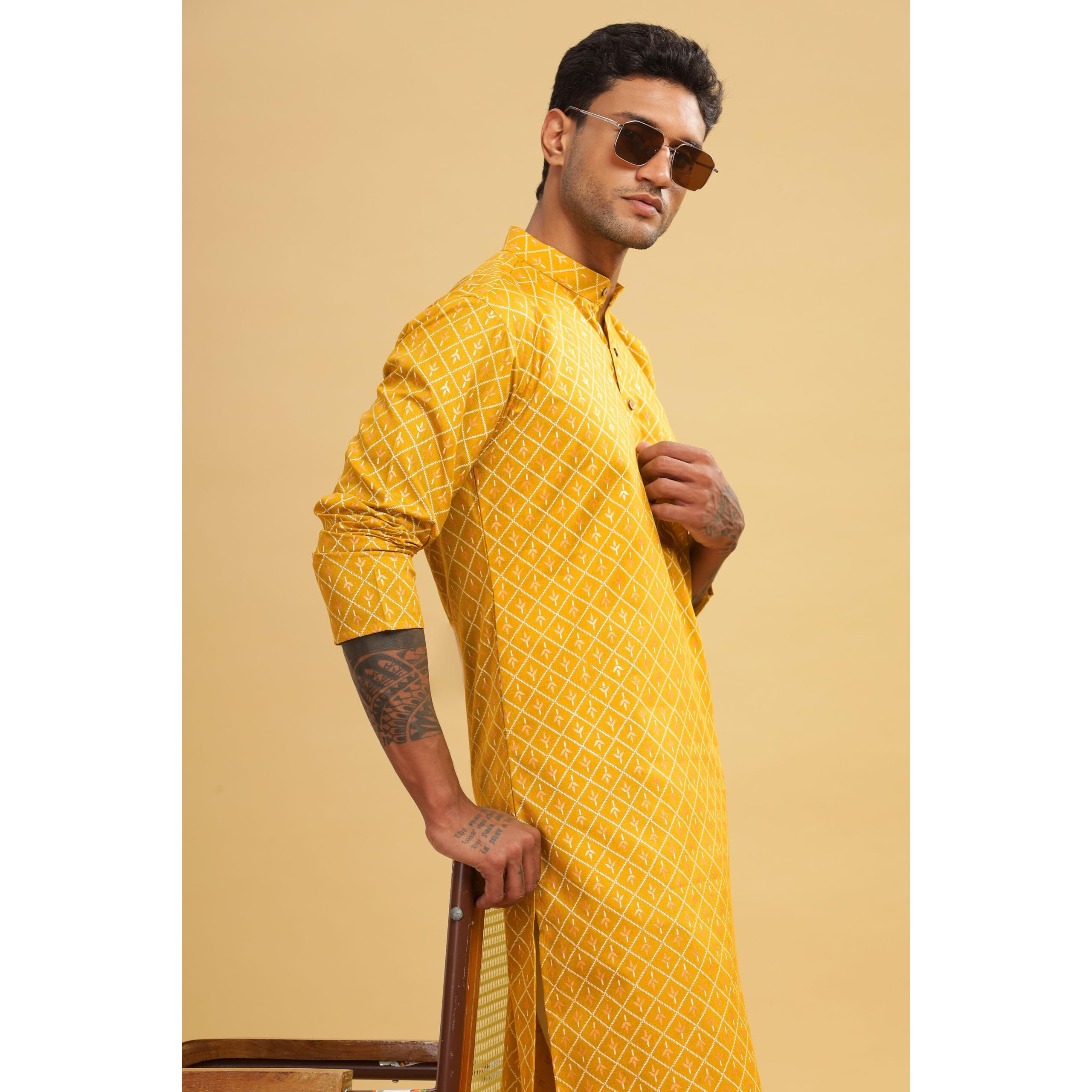 Be Active Men's Cotton Regular Regular Fit Kurta (C-399-2_Yellow) Size (L)