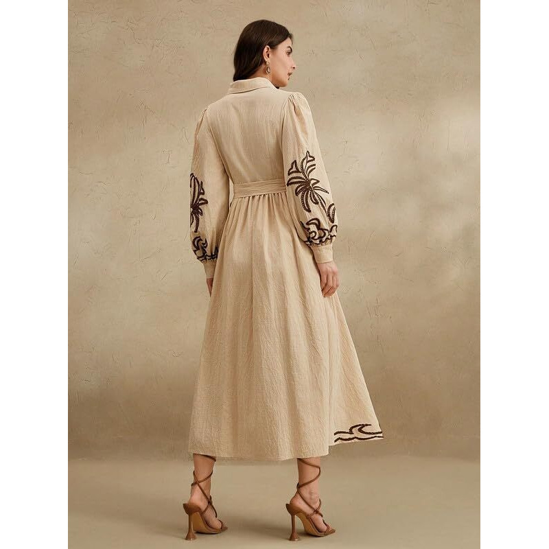 Smowkly Cotton Blend Women's Casual Solid Printed Dress Mid-Length Maxi Dress (1663_Bg_M) Cream